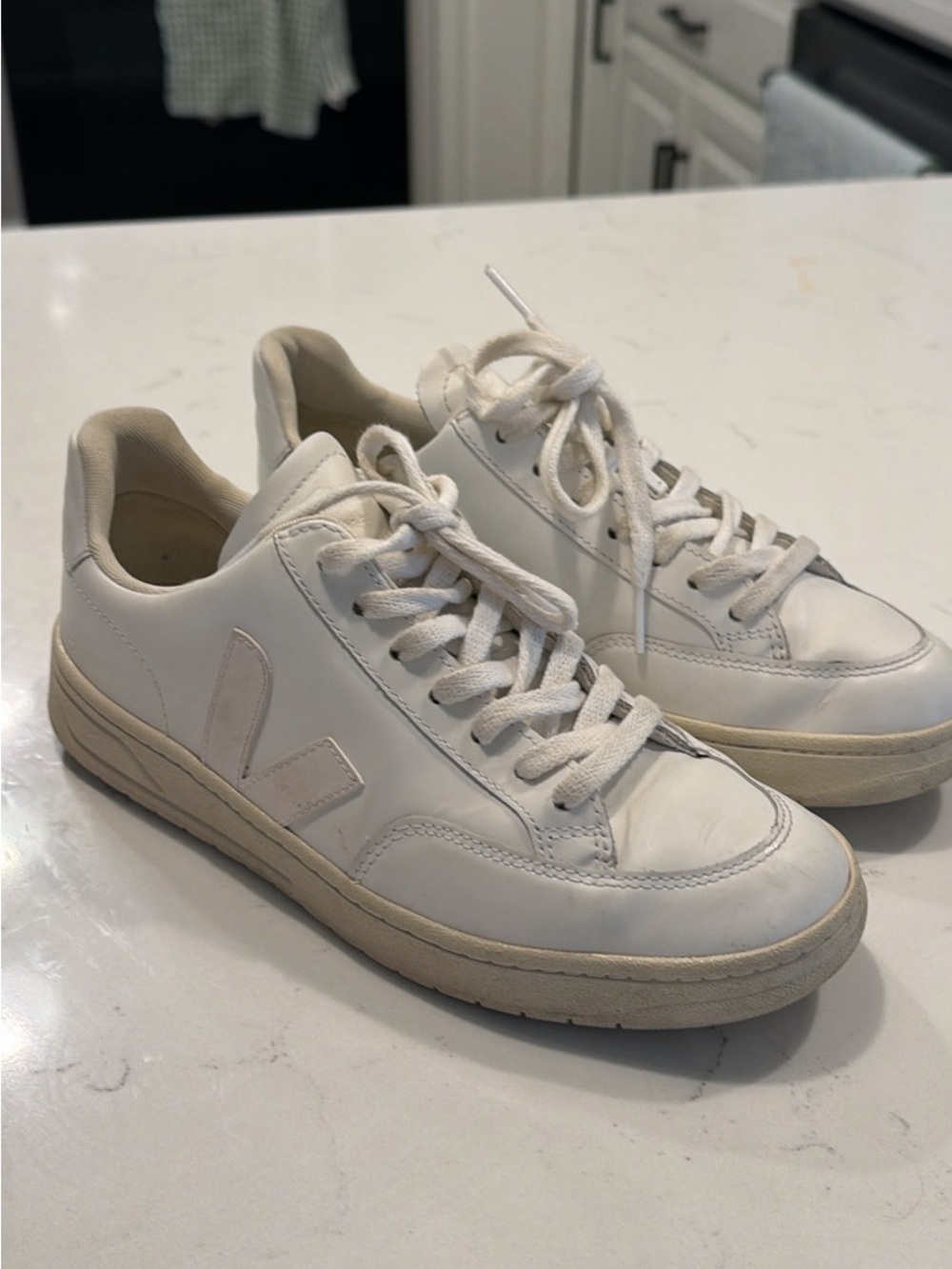 Veja White v12s Low-Top Leather Sneakers with Neutral V Logo
